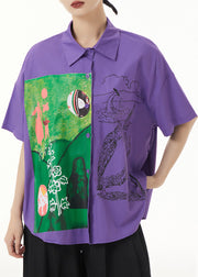 Purple Print Button Patchwork Cotton Shirt Peter Pan Collar Short Sleeve