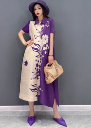 Purple Print Chiffon Long Dress Peter Pan Collar Draping Short Sleeve