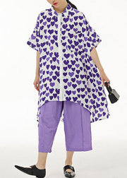 Purple Print Chiffon Shirt Tops Asymmetrical Design Summer