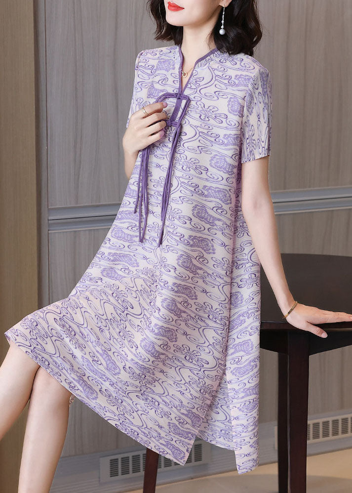 Purple Print Elegant Silk Mid Dress Stand Collar Draping Short Sleeve