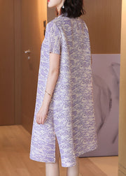 Purple Print Elegant Silk Mid Dress Stand Collar Draping Short Sleeve