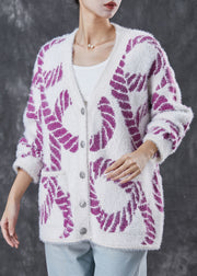 Purple Print Knit Loose Coat V Neck Pockets Spring