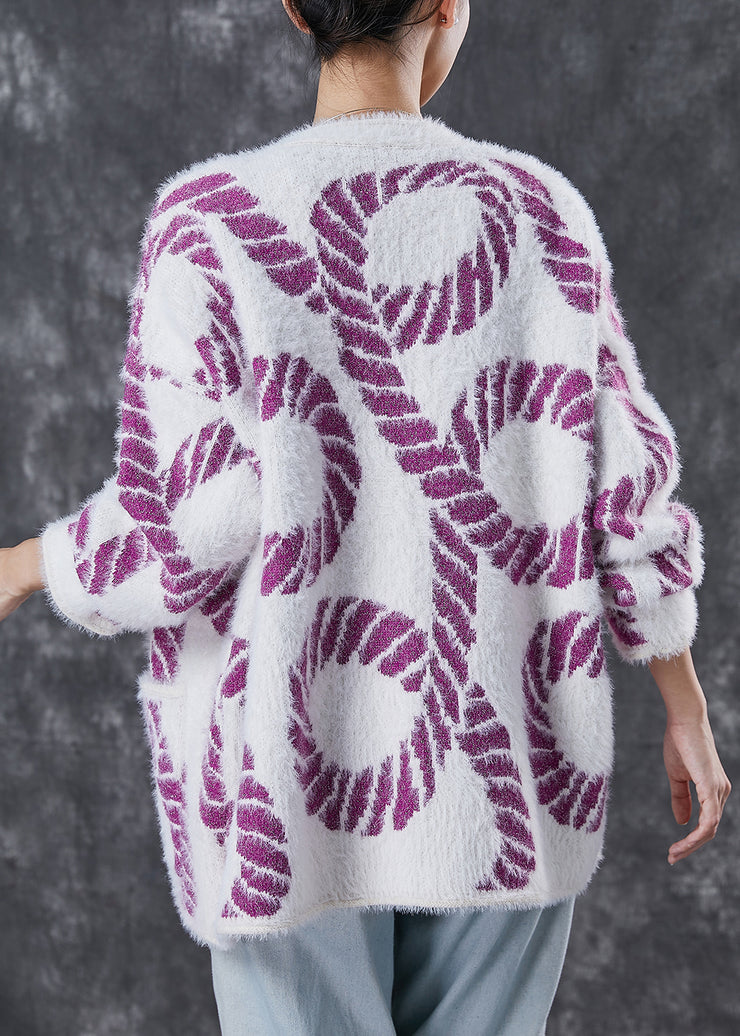 Purple Print Knit Loose Coat V Neck Pockets Spring