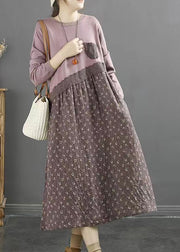 Purple Print Patchwork Cotton Casual Dresses O Neck Lace Fall