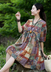 Purple Print Patchwork Linen Mid Dress V Neck Wrinkled Summer