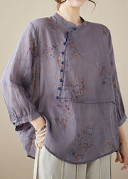 Purple Print Patchwork Linen Shirt Tops Stand Collar Button Summer