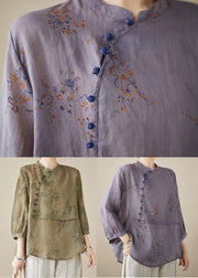 Purple Print Patchwork Linen Shirt Tops Stand Collar Button Summer