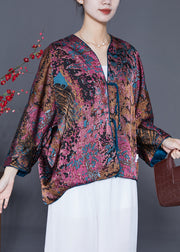 Purple Print Silk Cardigan Oversized Tassel Wear On Both Sides Spring
