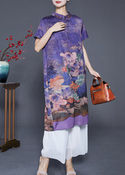 Purple Print Silk Long Dress Turn-down Collar Tassel Summer