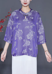 Purple Print Silk Silk Top Chinese Button Bracelet Sleeve