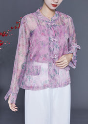 Purple Print Tulle Shirt Two Pieces Set Stand Collar Chinese Button Summer