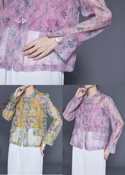 Purple Print Tulle Shirt Two Pieces Set Stand Collar Chinese Button Summer