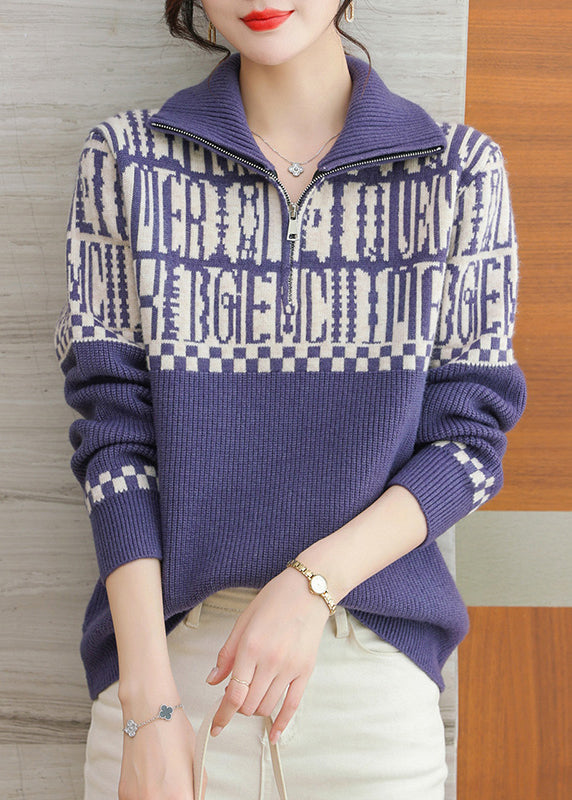 Purple Print Wool Knit Sweaters Peter Pan Collar Long Sleeve