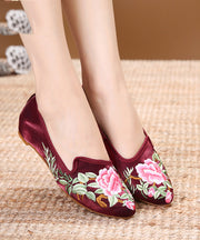 Purple Red Flats Velour Fabric Unique Embroidered Pointed Toe Flat Shoes