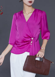 Purple Silm Fir Silk Blouses V Neck Asymmetrical Design Fall