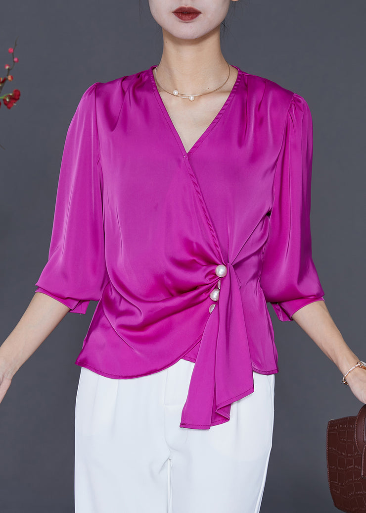 Purple Silm Fir Silk Blouses V Neck Asymmetrical Design Fall