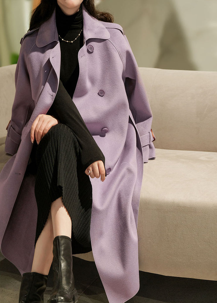 Purple Solid Color Woolen Trench Coats Peter Pan Collar Winter