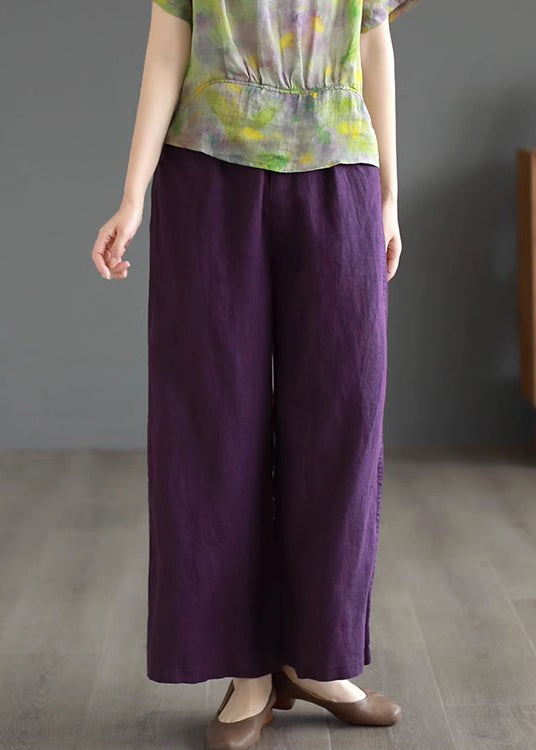 Purple Solid Cotton Straight Pants High Waist Summer