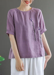 Purple Solid Floral Embroidered Linen Tops O-Neck Short Sleeve