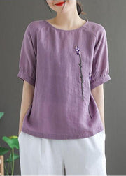 Purple Solid Floral Embroidered Linen Tops O-Neck Short Sleeve