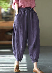 Purple Solid Linen Beam Pants Elastic Waist Wrinkled Summer