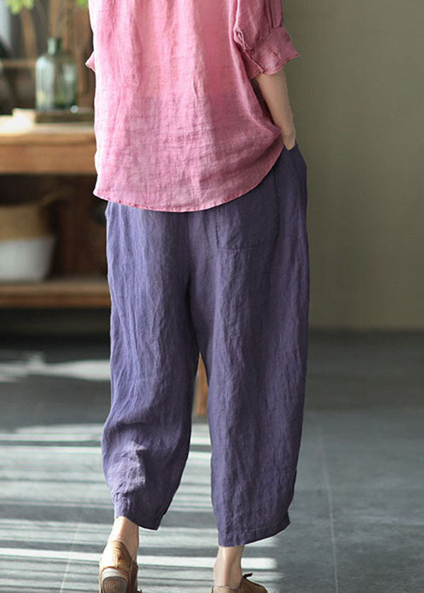 Purple Solid Linen Beam Pants Elastic Waist Wrinkled Summer