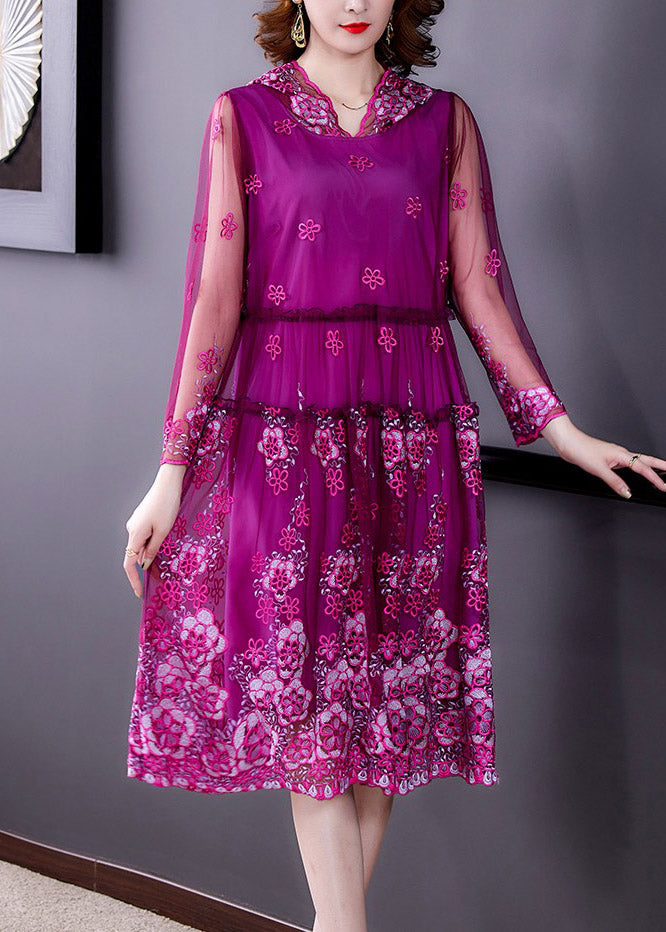 Purple Stand Collar Patchwork Tulle Hooded Maxi Dress Long Sleeve