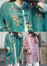 Purple Stand Collar Print Side Open Linen Coats Long Sleeve
