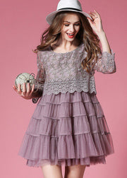 Purple Tulle Dress Hollow Out Embroidered Patchwork Spring