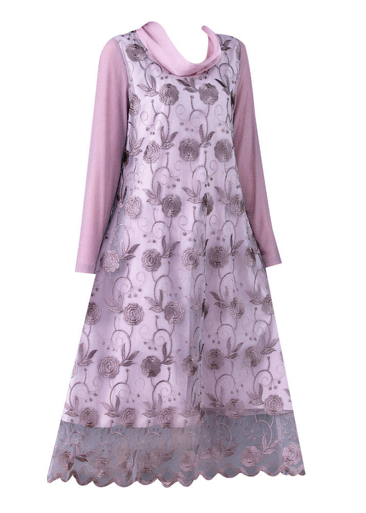 Purple Turtleneck Patchwork Tulle Maxi Dresses Spring