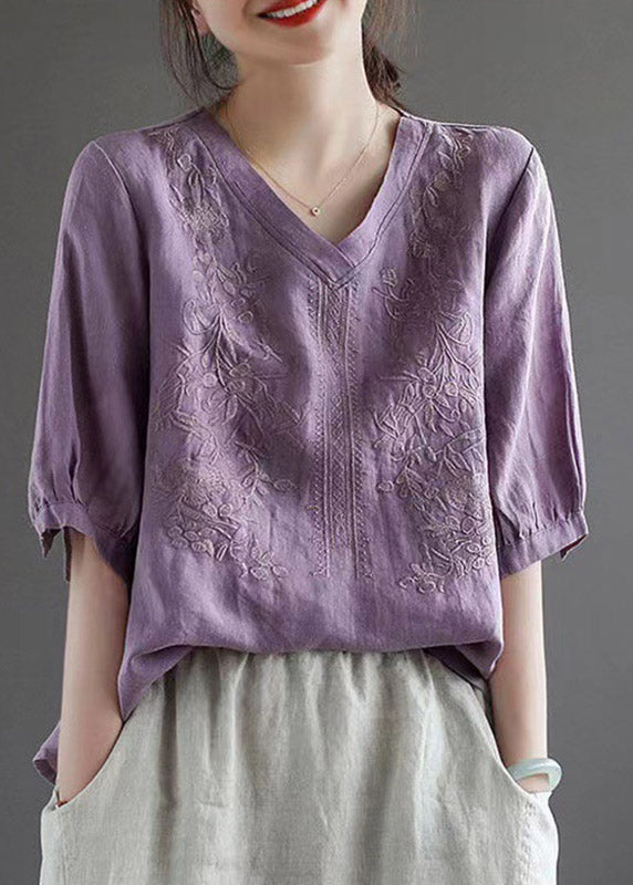 Purple V Neck Floral Embroideried T Shirt Half Sleeve – SooLinen