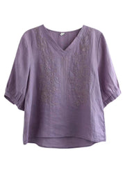 Purple V Neck Floral Embroidered T Shirt Half Sleeve