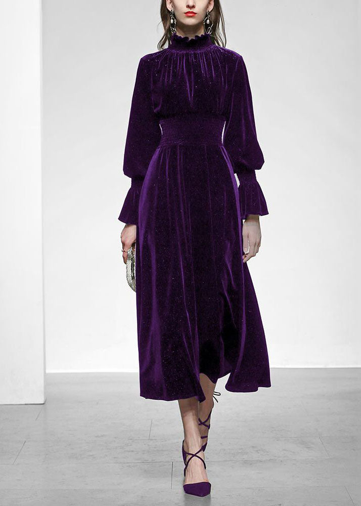 Purple Velour Long Dresses Sequins Ruffled Spring