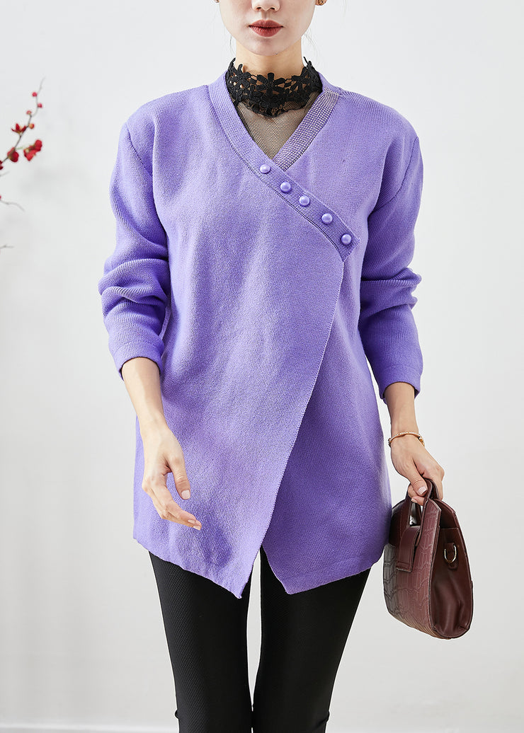 Purple Warm Knit Sweaters Asymmetrical Button Winter