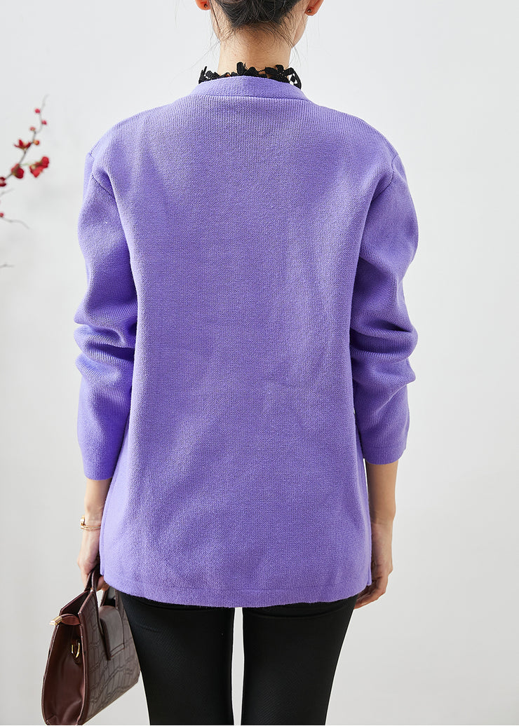 Purple Warm Knit Sweaters Asymmetrical Button Winter