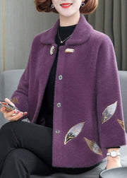 Purple Warm Mink Hair Velvet Coats Peter Pan Collar Embroidered Winter