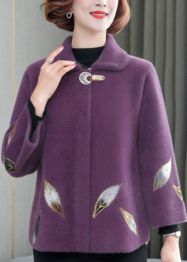 Purple Warm Mink Hair Velvet Coats Peter Pan Collar Embroidered Winter