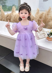 Purple Wrinkled Bow Tulle Kids Vacation Maxi Dresses Summer