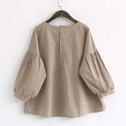 French Plaid Cotton Women Fine Sewing Asymmetric Plus Size Clothing Blouse
