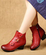 Red Boots Chunky Cowhide Leather Women Splicing Floral