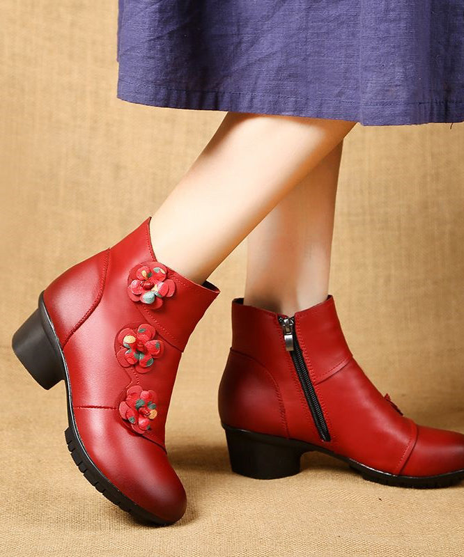 Red Boots Chunky Cowhide Leather Women Splicing Floral