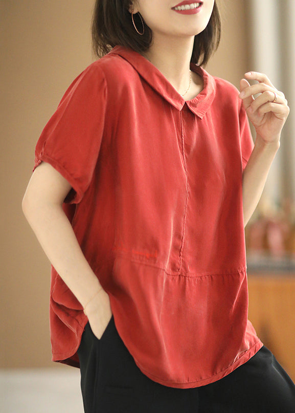 Red Button Cotton T Shirt Peter Pan Collar Short Sleeve