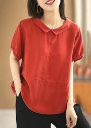 Red Button Cotton T Shirt Peter Pan Collar Short Sleeve