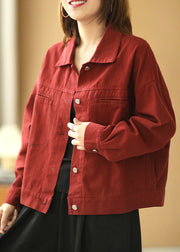 Red Button Cozy Cotton Denim Coats Long Sleeve