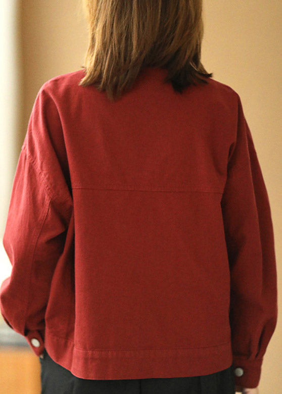 Red Button Cozy Cotton Denim Coats Long Sleeve