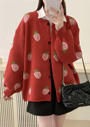 Red Button Cozy Cotton Knit Sweaters Coat Long Sleeve