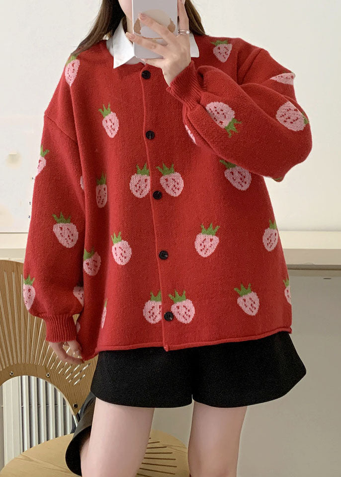 Red Button Cozy Cotton Knit Sweaters Coat Long Sleeve