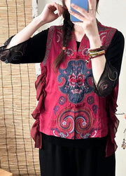 Red Button Patchwork Silk Waistcoat Embroidered Sleeveless