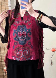 Red Button Patchwork Silk Waistcoat Embroidered Sleeveless