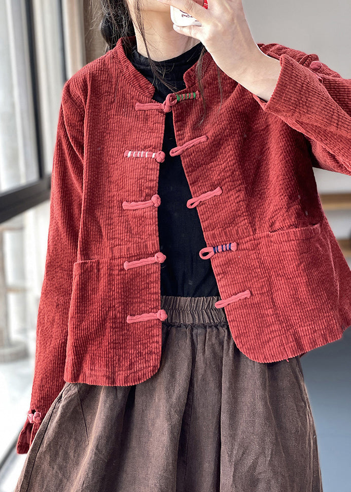 Red Button Thick Corduroy Coat Long Sleeve